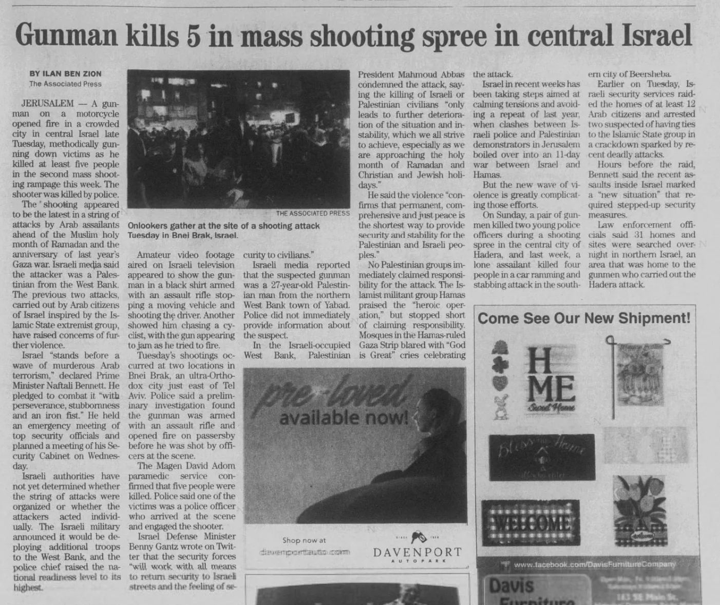 5 killed in mass shooting in Israel, officials say — Rocky Mount Telegram, 30 March 2022