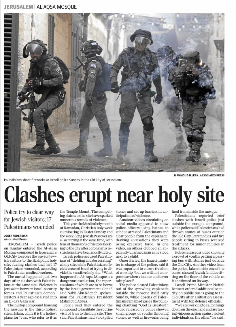 Clashes erupt near holy site — Sioux City Journal, 18 April 2022