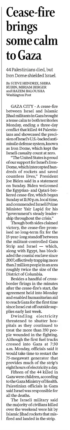 Cease-fire holds in Gaza after three days of fighting — Star Tribune, 9 August 2022