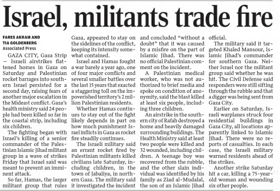 Israel, militants trade fire — Telegraph, 7 August 2022