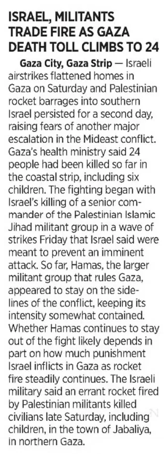 Israel, militants trade fire as Gaza death toll climbs to 24 — The Day, 7 August 2022