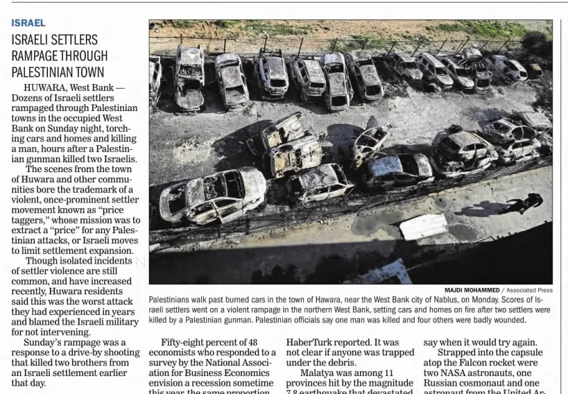 Israeli settlers rampage through Palestinian town — Anchorage Daily News, 28 February 2023