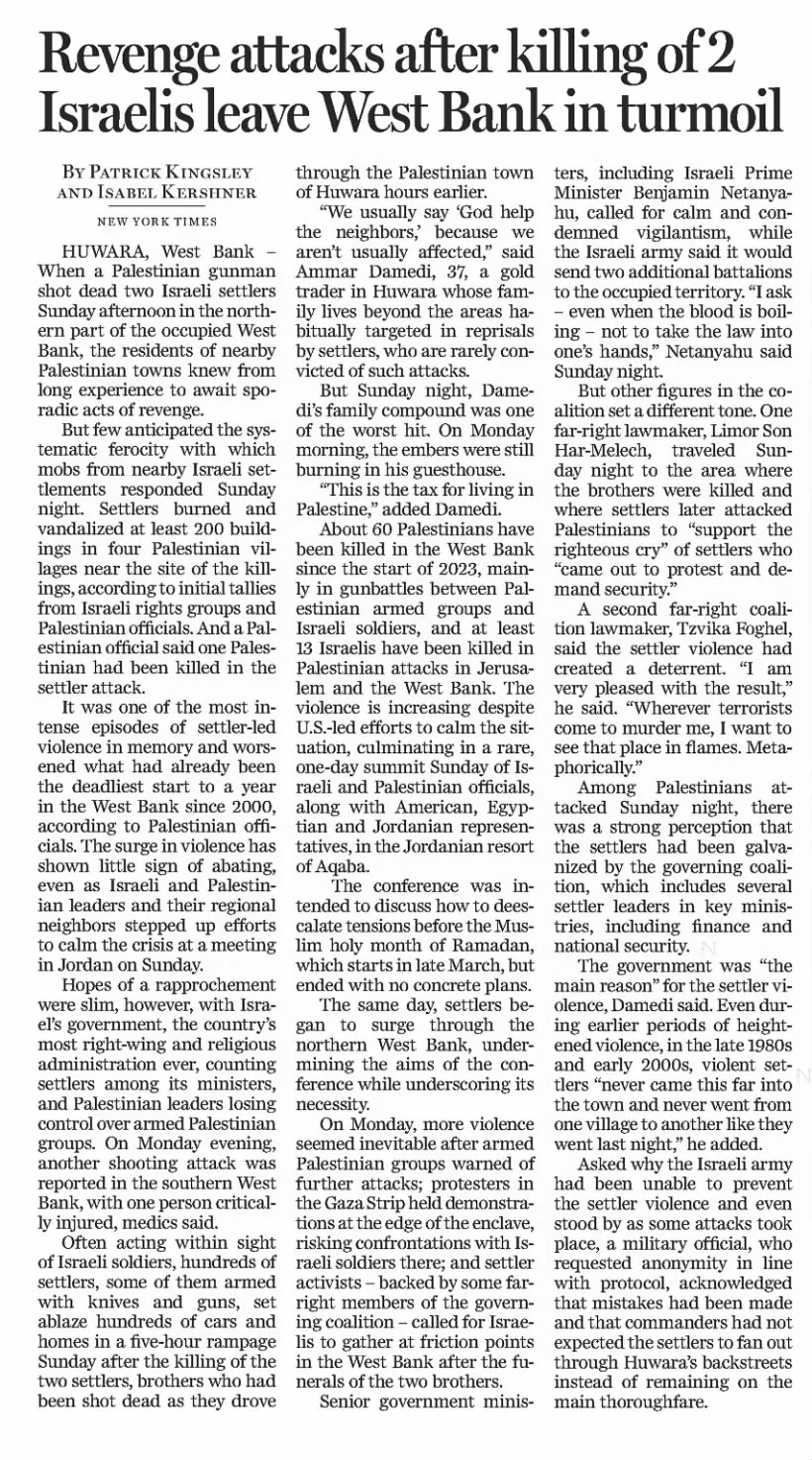 Israeli settlers attack Palestinian town after killings — The Buffalo News, 28 February 2023