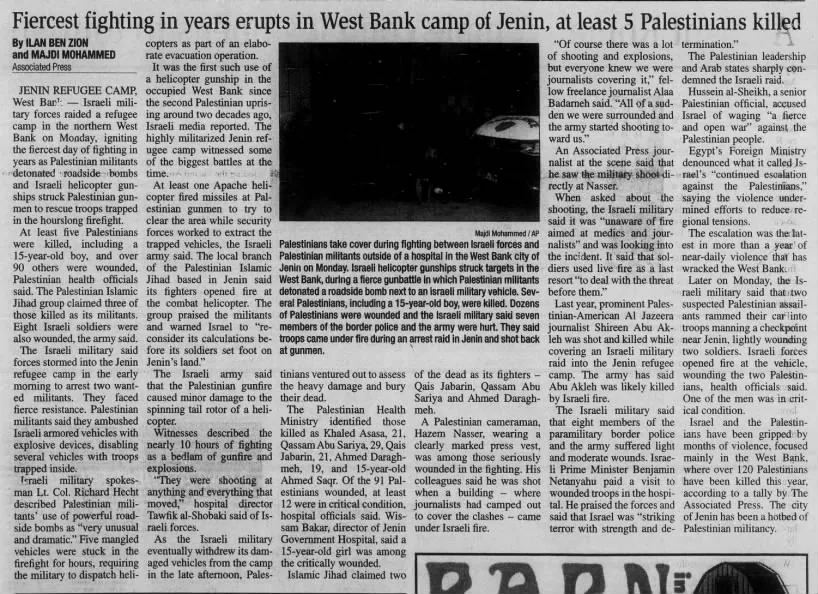 Fiercest fighting in years erupts in West Bank camp of Jenin, at least 5 Palestinians killed — Chronicle-Tribune, 20 June 2023