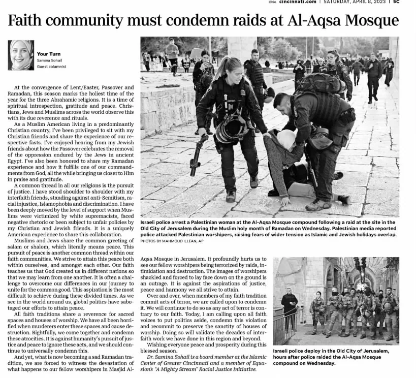 Faith community must condemn raids at Al-Aqsa Mosque — The Cincinnati Enquirer, 8 April 2023