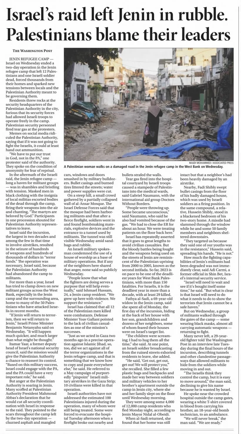 ‘Everything is destroyed’: Jenin residents return to wreckage — Daily Herald, 6 July 2023