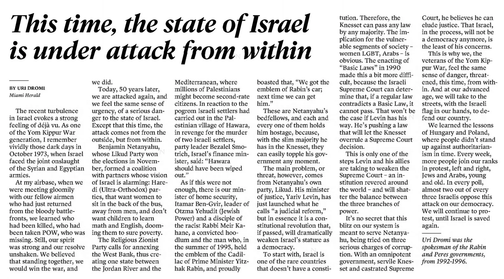 This time, the state of Israel is under attack from within — Fort Worth Star Telegram, 8 March 2023