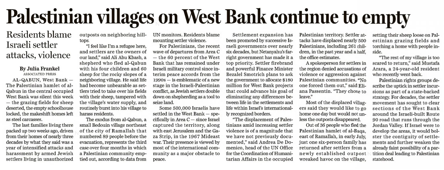 Palestinian villages on West Bank continue to empty — The Boston Globe, 25 August 2023