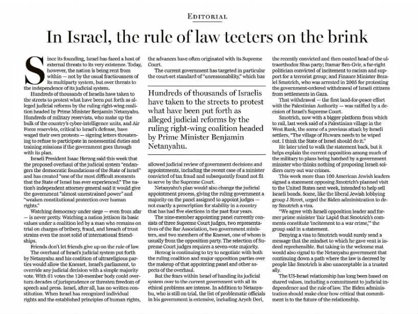 In Israel, the rule of law teeters on the brink — The Boston Globe, 9 March 2023