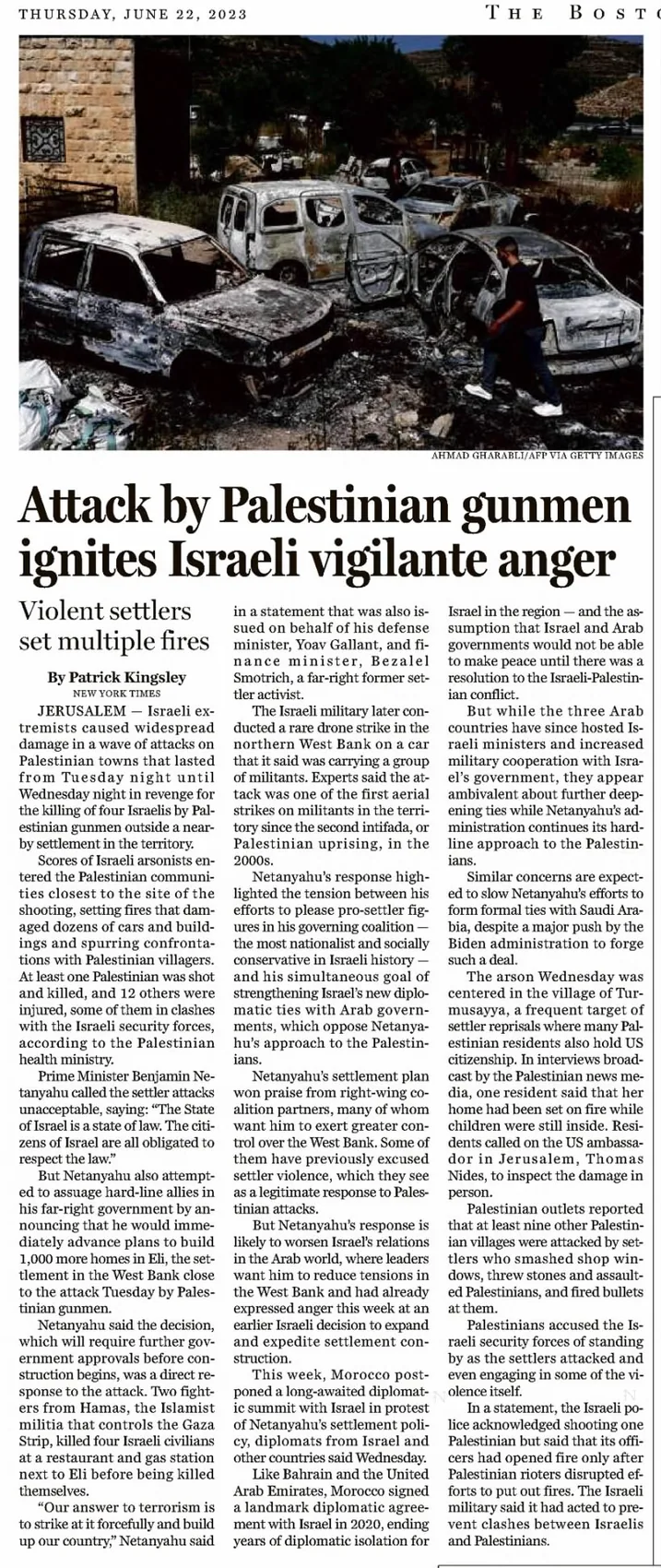Attack by Palestinian gunmen ignites Israeli vigilante anger — The Boston Globe, 22 June 2023
