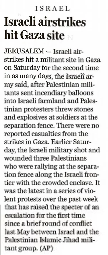 Israeli aircraft strike Gaza for second day — The Boston Globe, 24 September 2023
