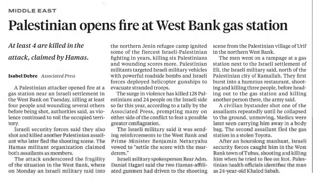 Palestinian opens fire at West Bank gas station — The Grand Rapids Press, 21 June 2023