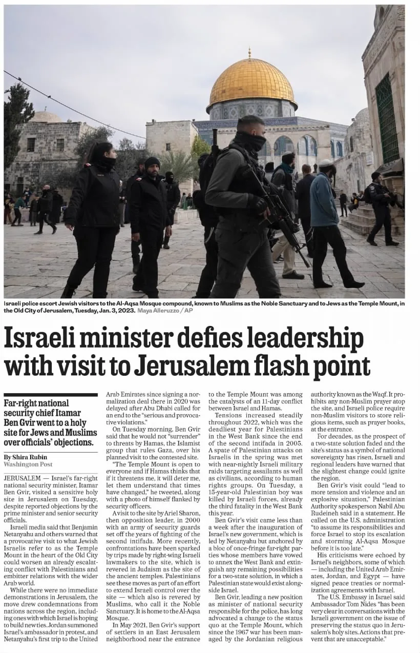 Israeli minister defies leadership with visit to Jerusalem flash point — The Philadelphia Inquirer, 4 January 2023