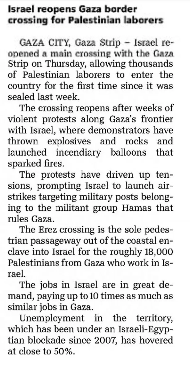Israel reopens Gaza crossing for laborers — Iowa City Press-Citizen, 29 September 2023