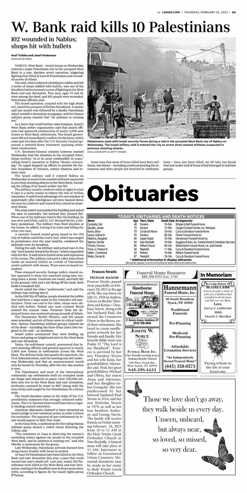 Israeli raid kills 10 Palestinians — The Journal News, 23 February 2023