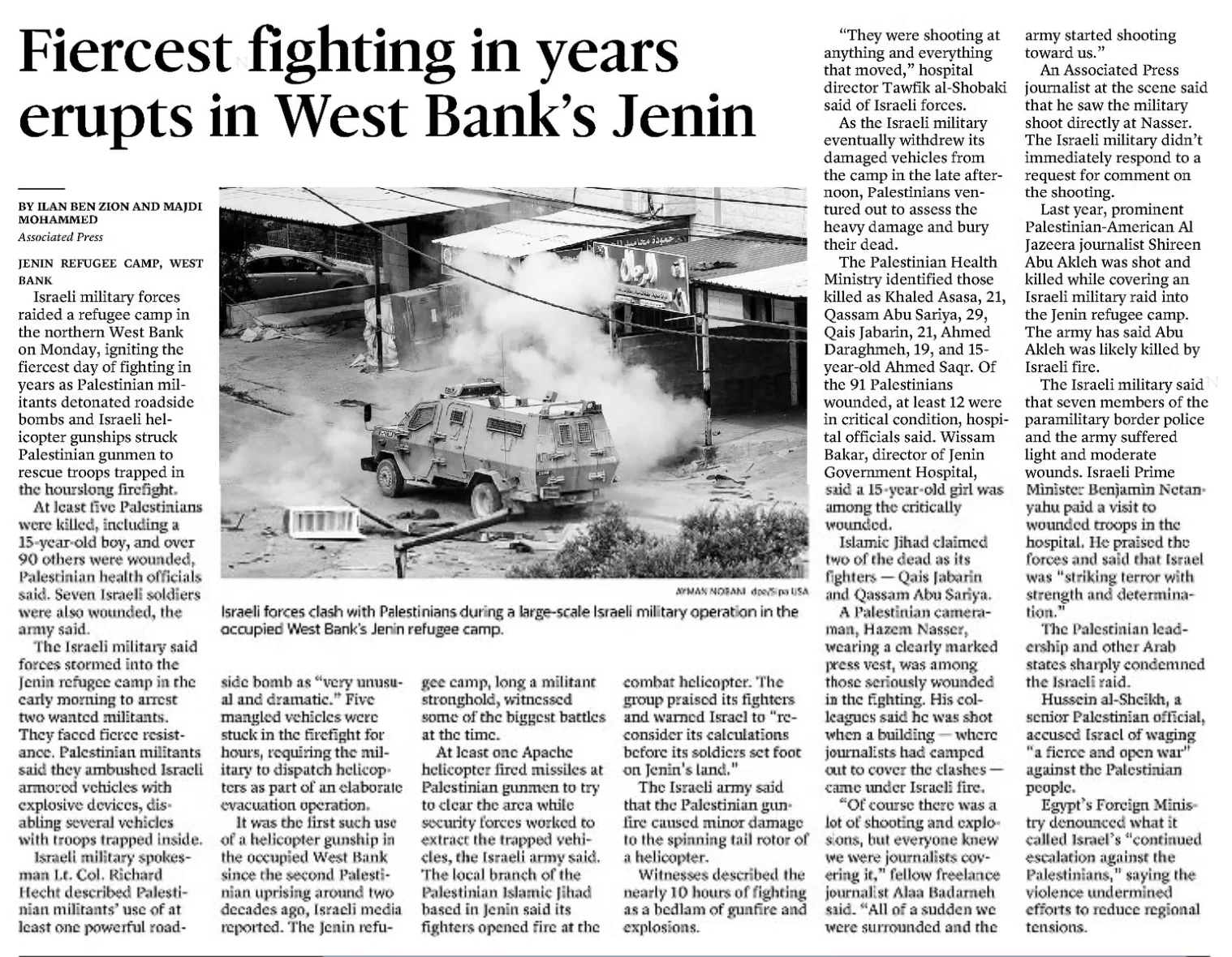 Fiercest fighting in years erupts in West Bank’s Jenin — The Kansas City Star, 20 June 2023