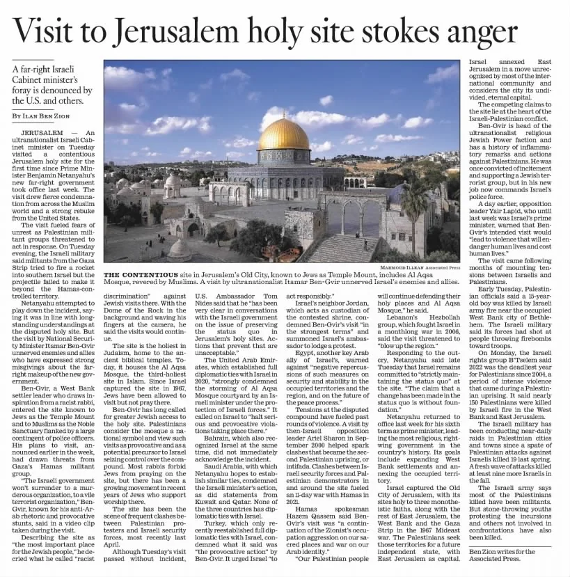 Visit to Jerusalem holy site stokes anger — Los Angeles Times, 4 January 2023