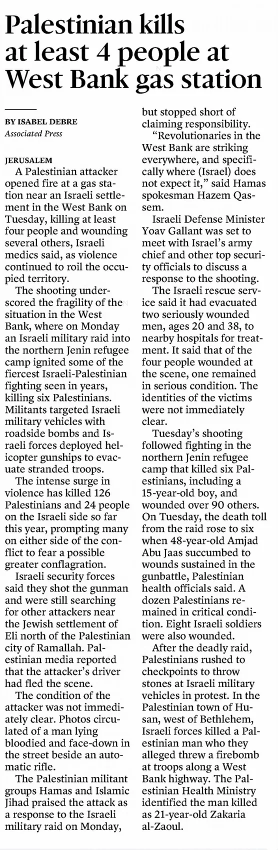 Palestinian kills at least 4 people at West Bank gas station — Ledger-Enquirer, 21 June 2023