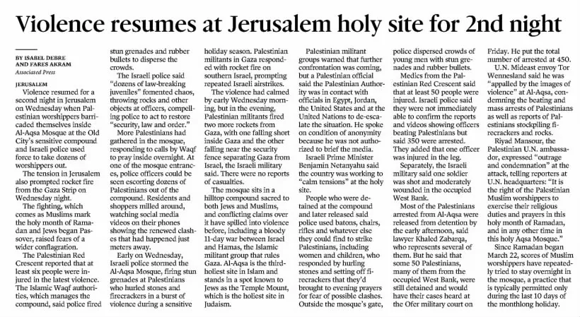 Violence resumes at Jerusalem holy site for 2nd night — The Miami Herald, 6 April 2023