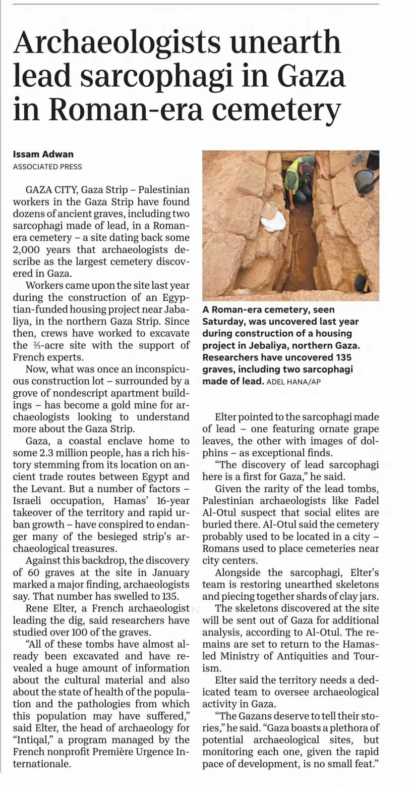 Archaeologists unearth lead sarcophagi in Gaza in Roman-era cemetery — New Jersey Herald, 26 September 2023