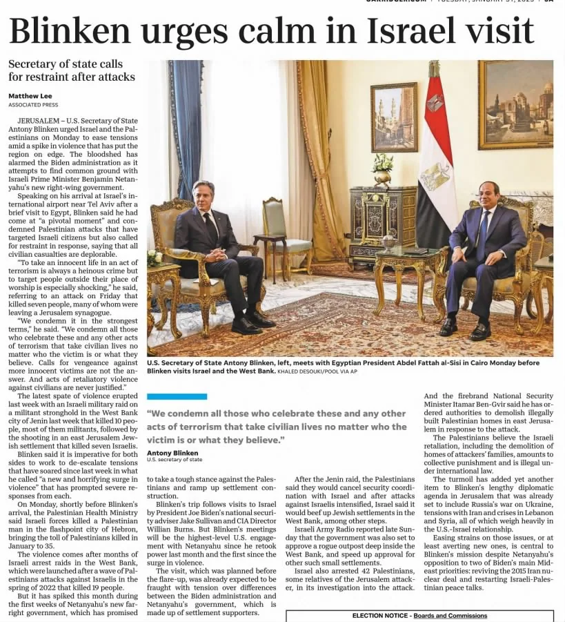 Blinken urges calm on Mideast trip — The Oak Ridger, 31 January 2023