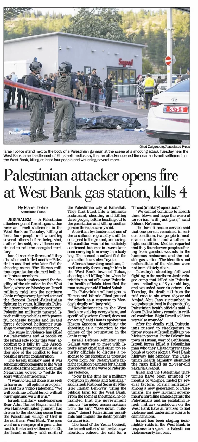 Palestinian attacker opens fire at West Bank gas station, kills 4 — Pittsburgh Post-Gazette, 21 June 2023