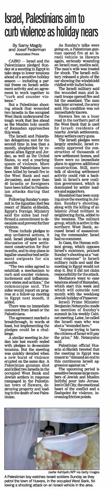 Israel, Palestinians aim to curb violence as holiday nears — Pittsburgh Post-Gazette, 20 March 2023
