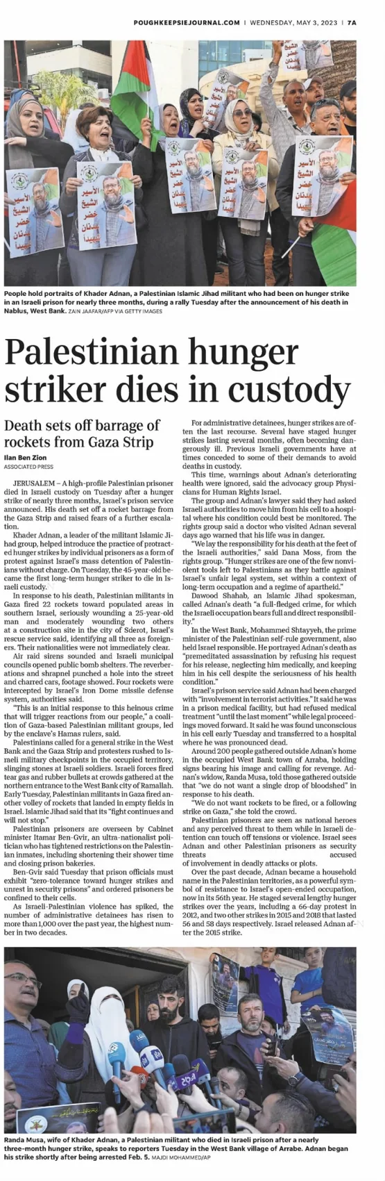 Palestinian hunger striker dies in custody — Poughkeepsie Journal, 3 May 2023