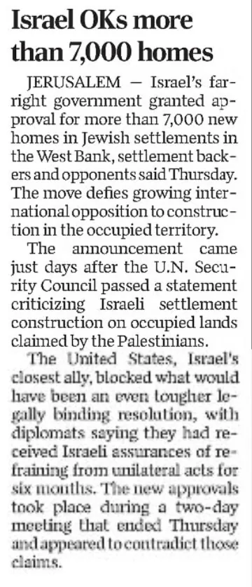 Israel OKs more than 7,000 homes — Quad City Times, 24 February 2023