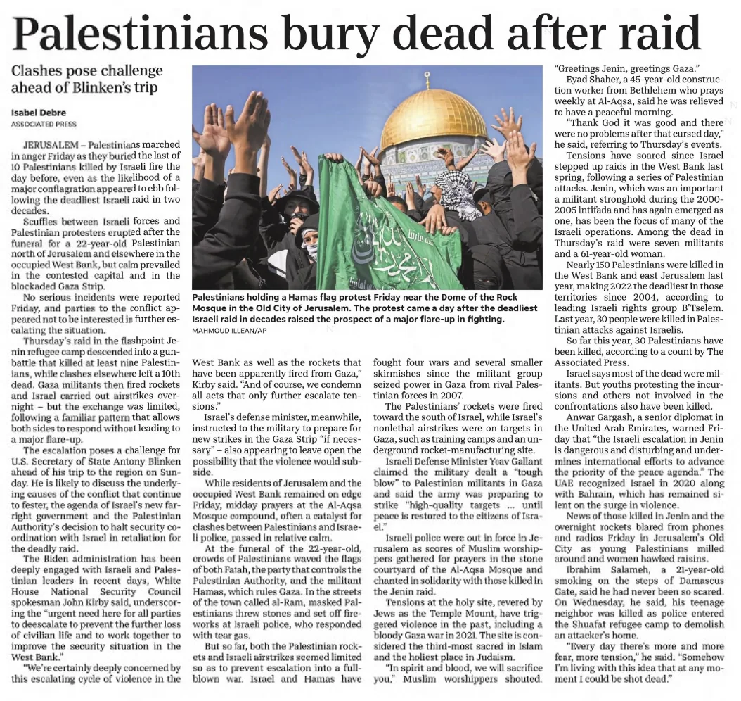 Palestinians brace for reprisals after Jerusalem attack — Record-Courier, 28 January 2023
