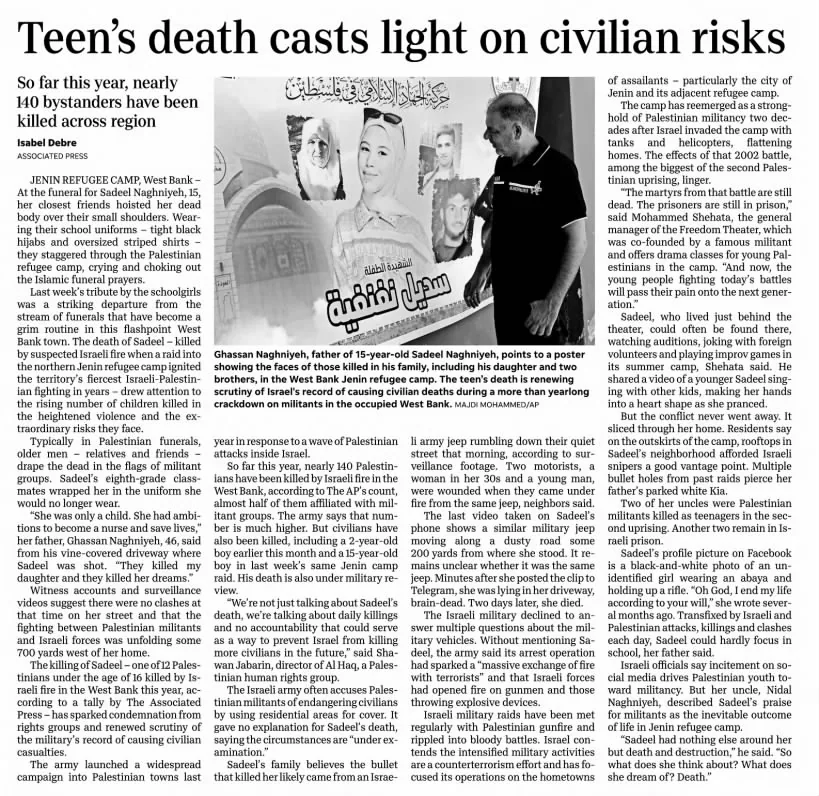 Killing of Palestinian teen casts light on civilian casualties in West Bank — The Register-Guard, 1 July 2023