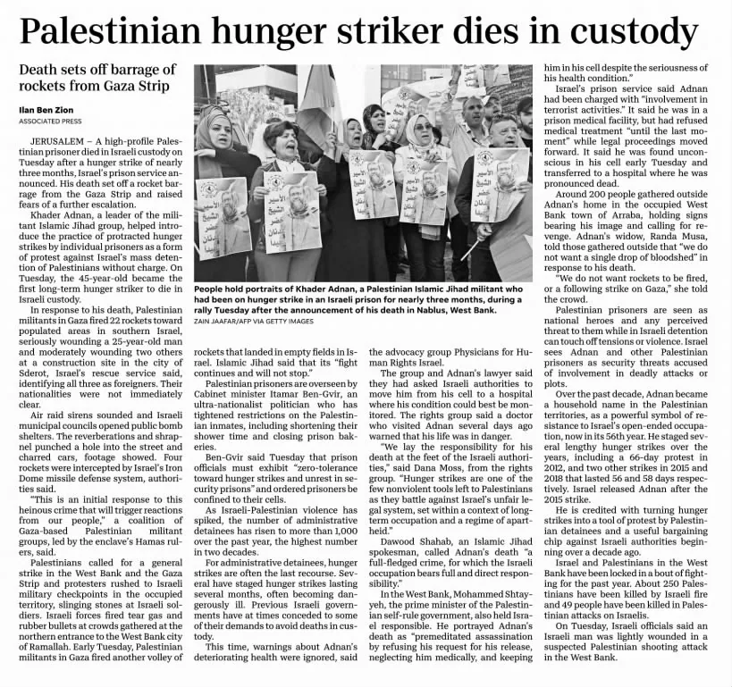 Palestinian hunger striker dies in custody — Rockford Register Star, 3 May 2023
