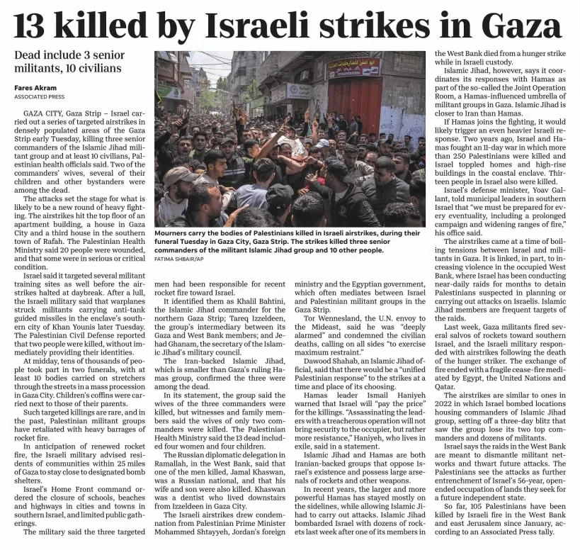 13 killed by Israeli strikes in Gaza — Savannah Morning News, 10 May 2023