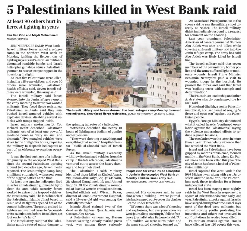 5 Palestinians killed in West Bank raid — The St. Augustine Record, 20 June 2023