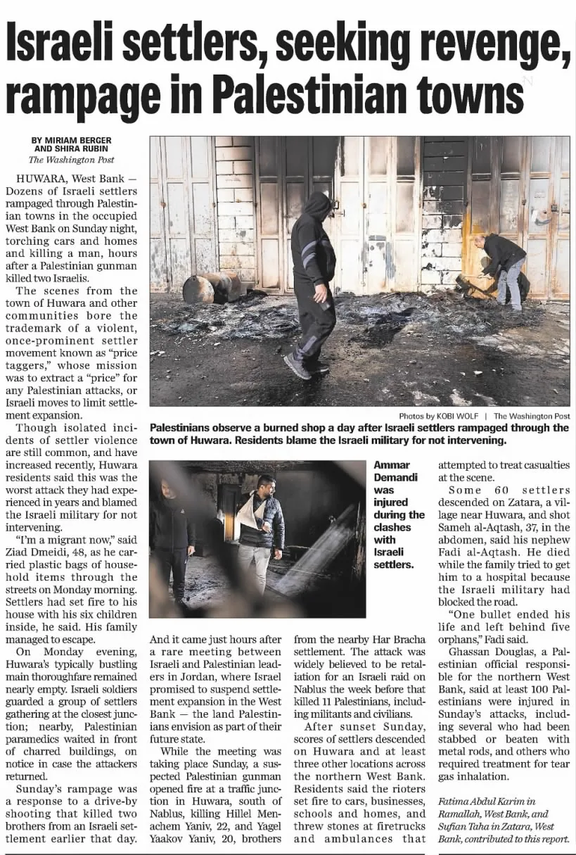 Israeli settlers, seeking revenge, rampage in Palestinian towns — Tampa Bay Times, 28 February 2023