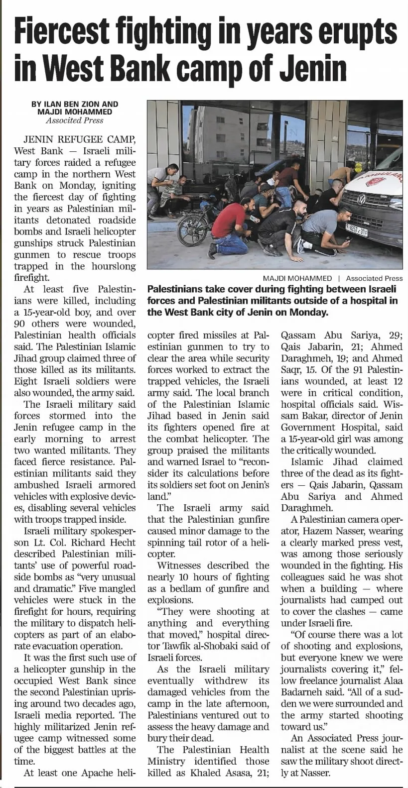 Fiercest fighting in years erupts in West Bank camp of Jenin — Tampa Bay Times, 20 June 2023