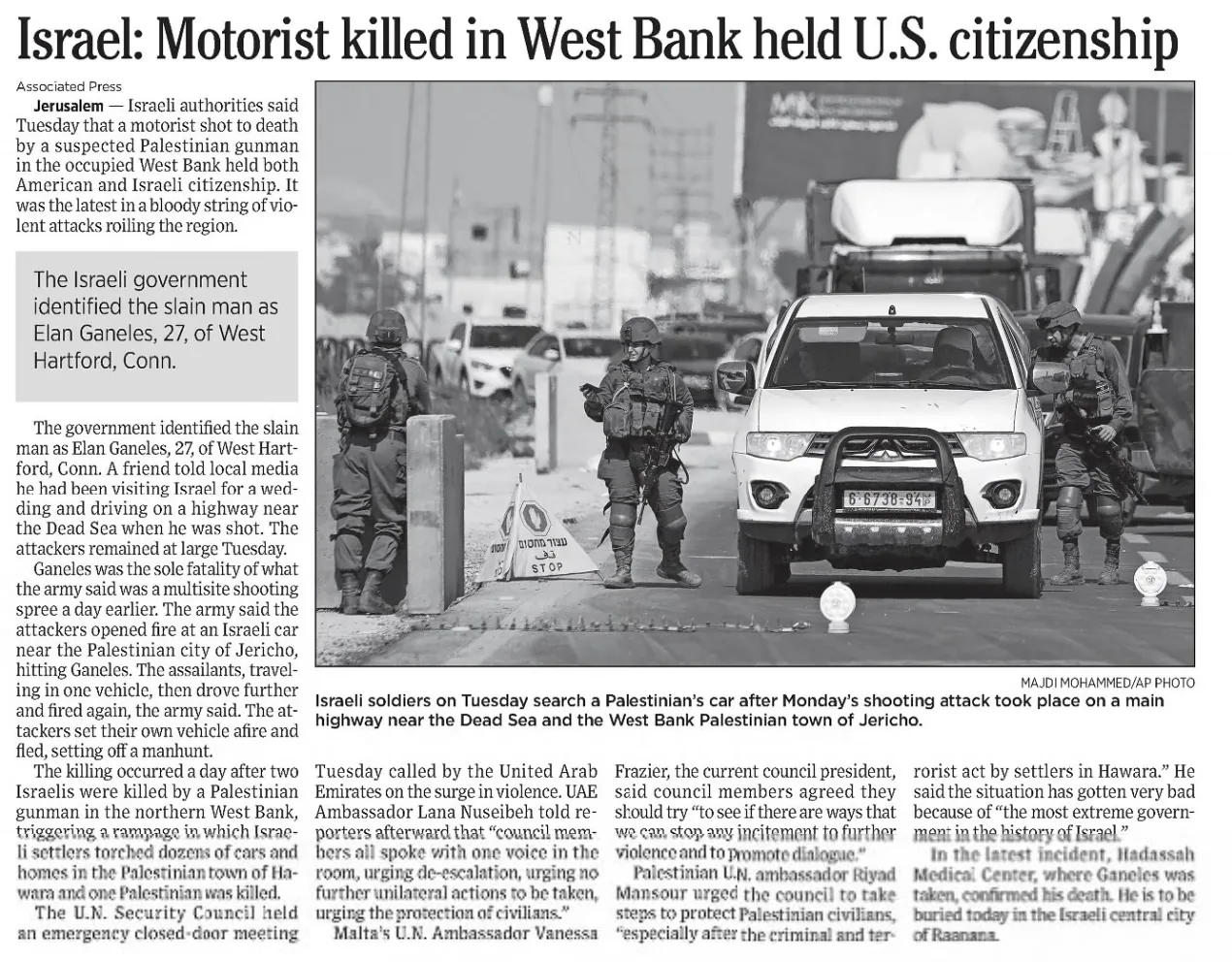 Israel: Motorist killed in West Bank held U.S. citizenship — The Day, 1 March 2023