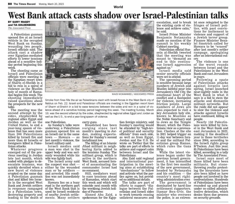 West Bank attack casts shadow over Israel-Palestinian talks — The Times Record, 20 March 2023