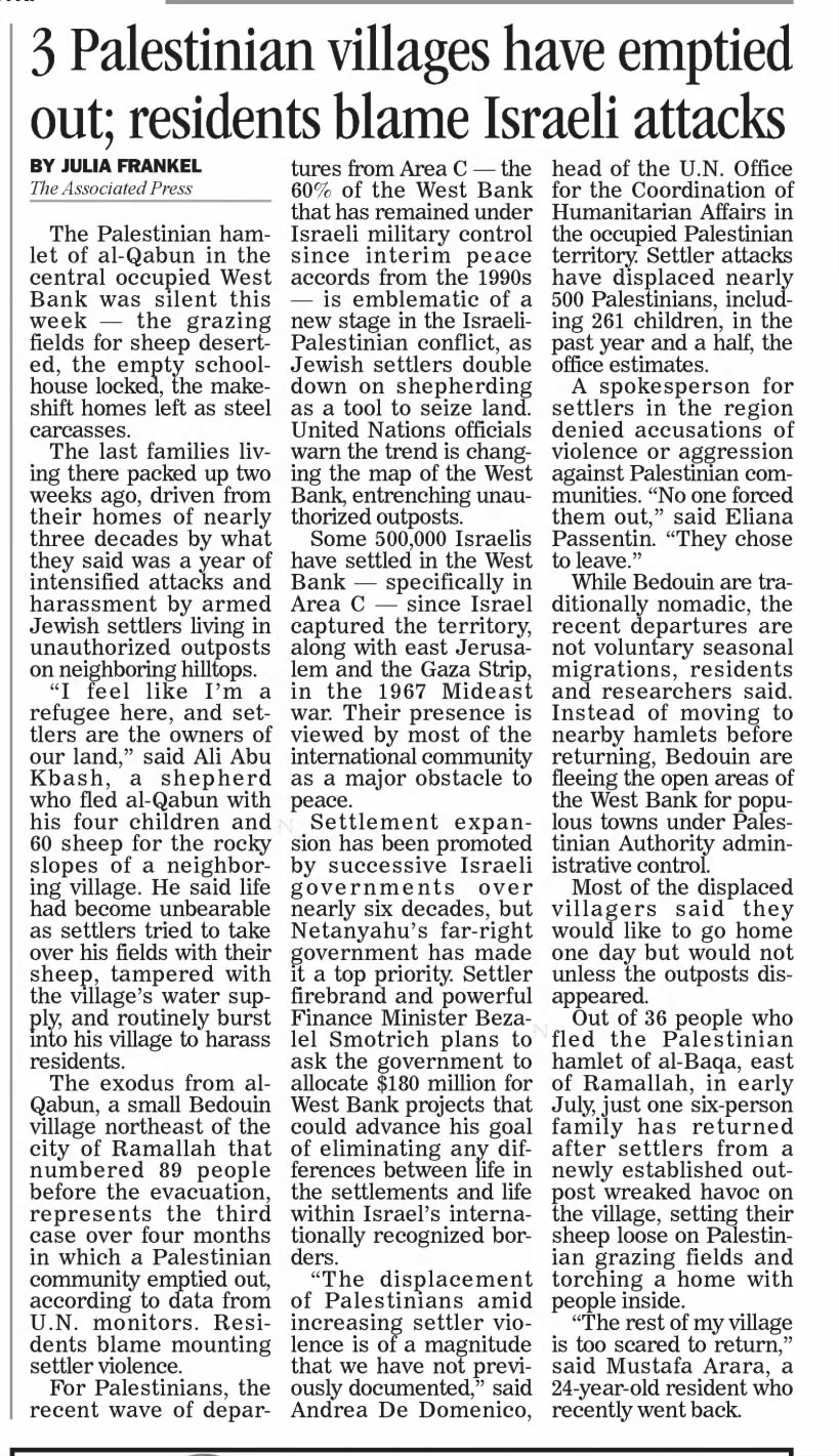 3 Palestinian villages have emptied out; residents blame Israeli attacks — The Times Record, 25 August 2023