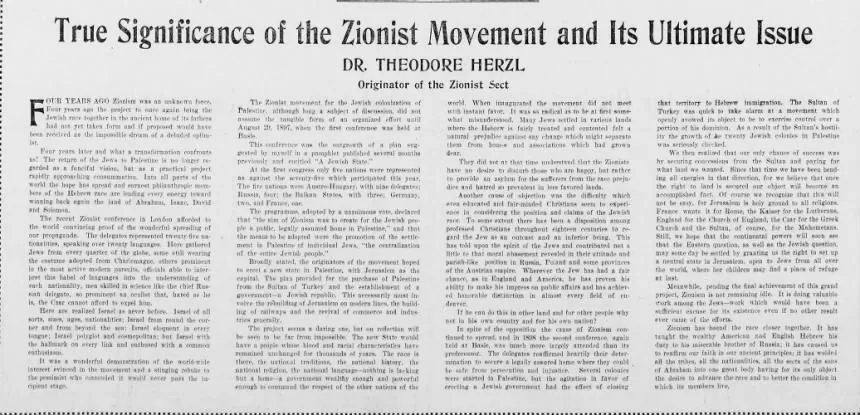 True Significance of the Zionist Movement and Its Ultimate Issue &mdash; Philadelphia Times, 7 October 1900