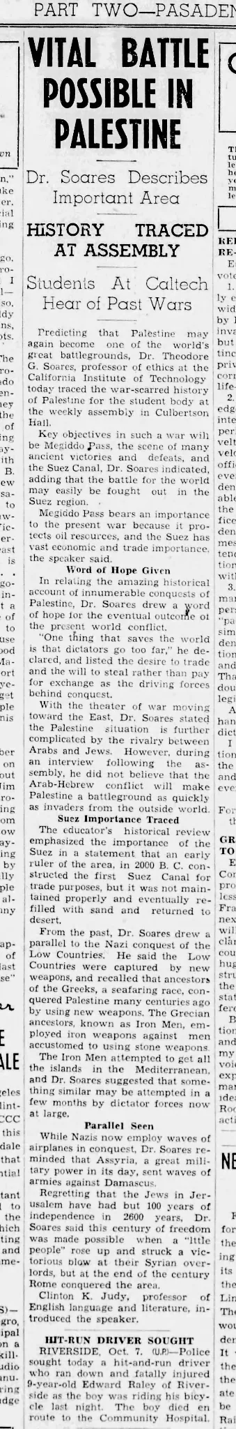 VITAL BATTLE POSSIBLE IN PALESTINE &mdash; Pasadena Star-News, 7 October 1940