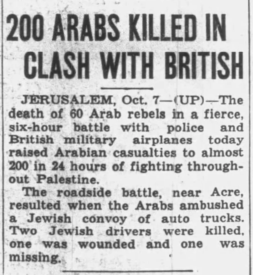 200 ARABS KILLED IN CLASH WITH BRITISH &mdash; Matawan Journal, 7 October 1948