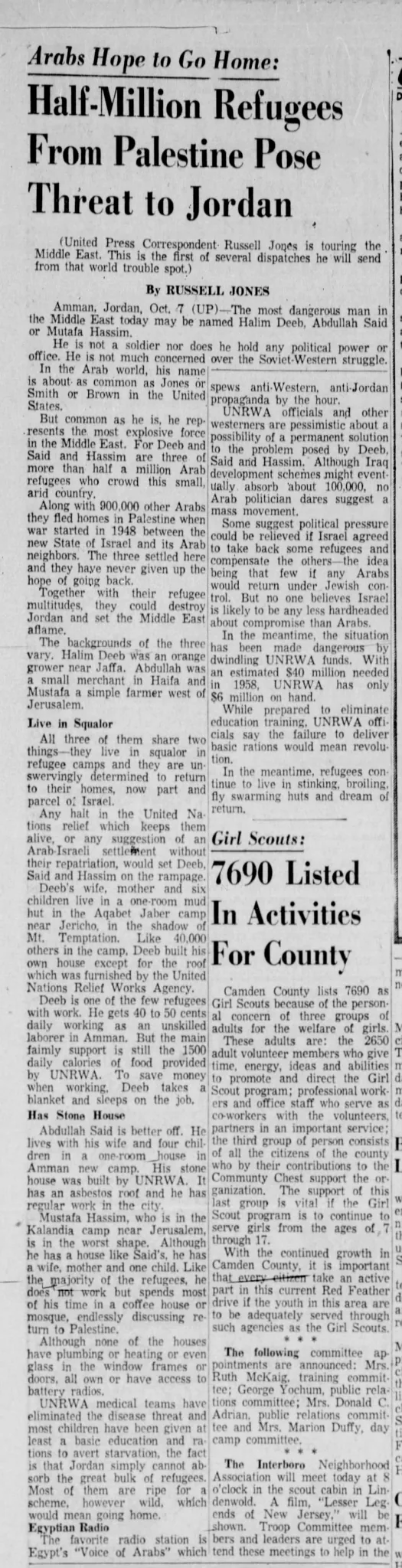Hdlf-million Ref ucyee Froni Palestiiie Pose Threat to Jnrdaii &mdash; Courier Post, 7 October 1957