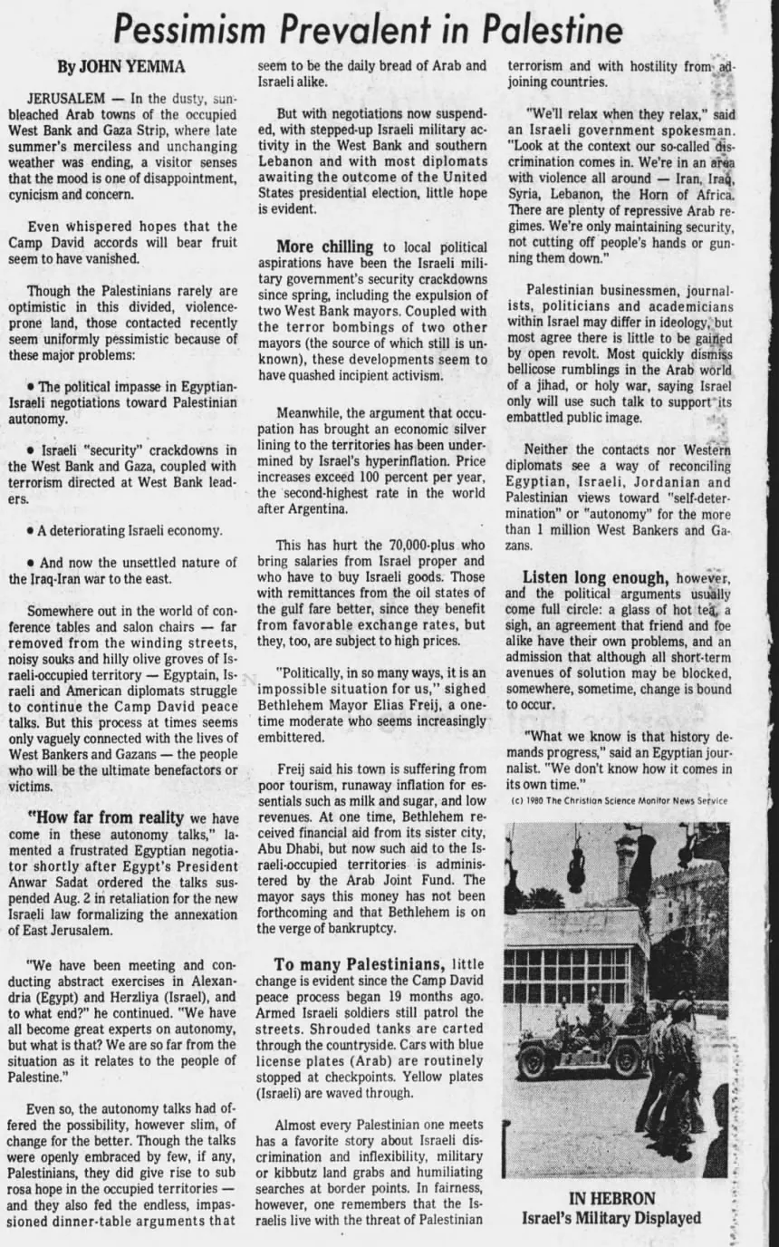 Pessimism Prevalent in Palestine — Courier Post, 7 October 1979
