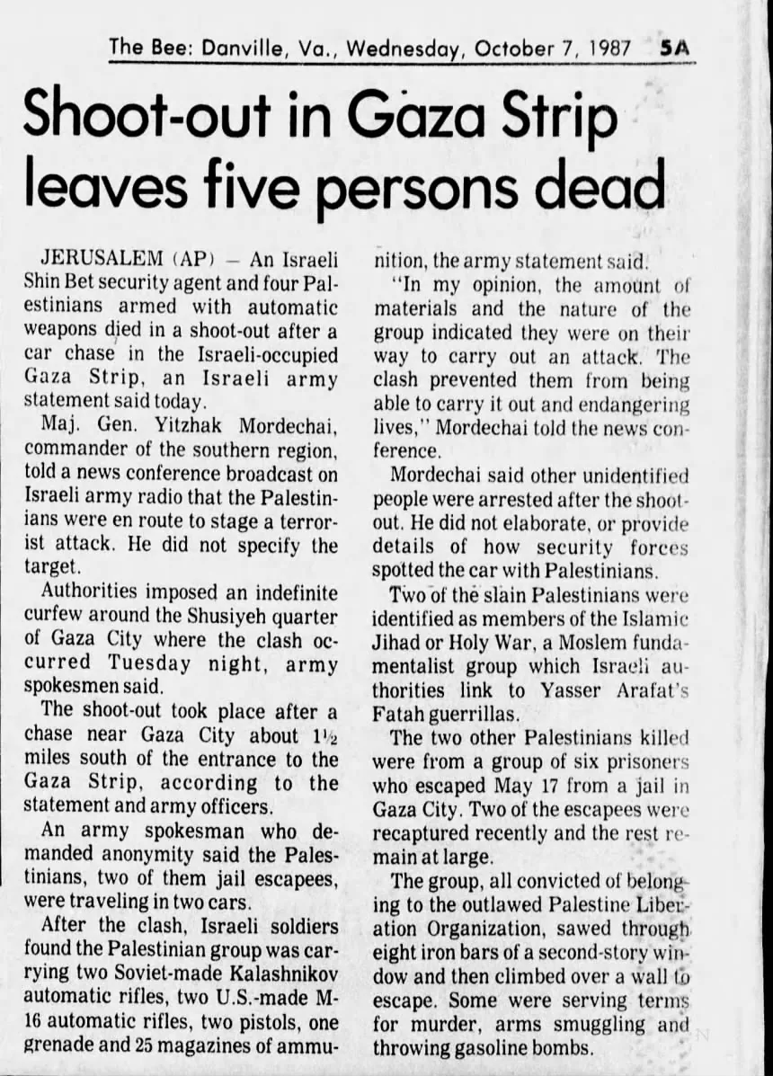 Shoot-out in Gaza Strip ' leaves five persons dead — The Bee, 7 October 1987