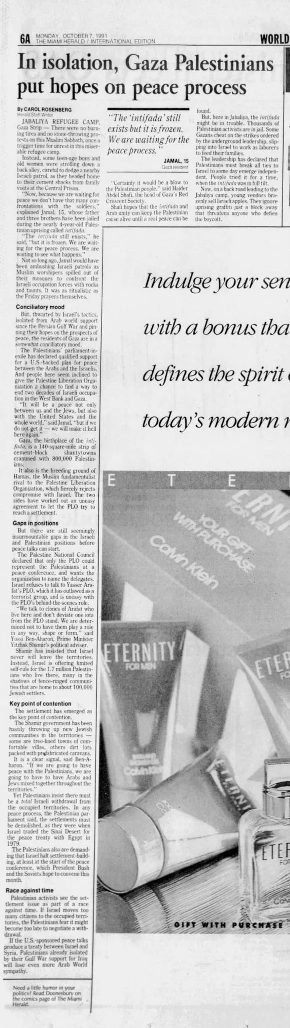 In isolation, Gaza Palestinians put hopes on peace process — The Daily Iberian, 7 October 1992