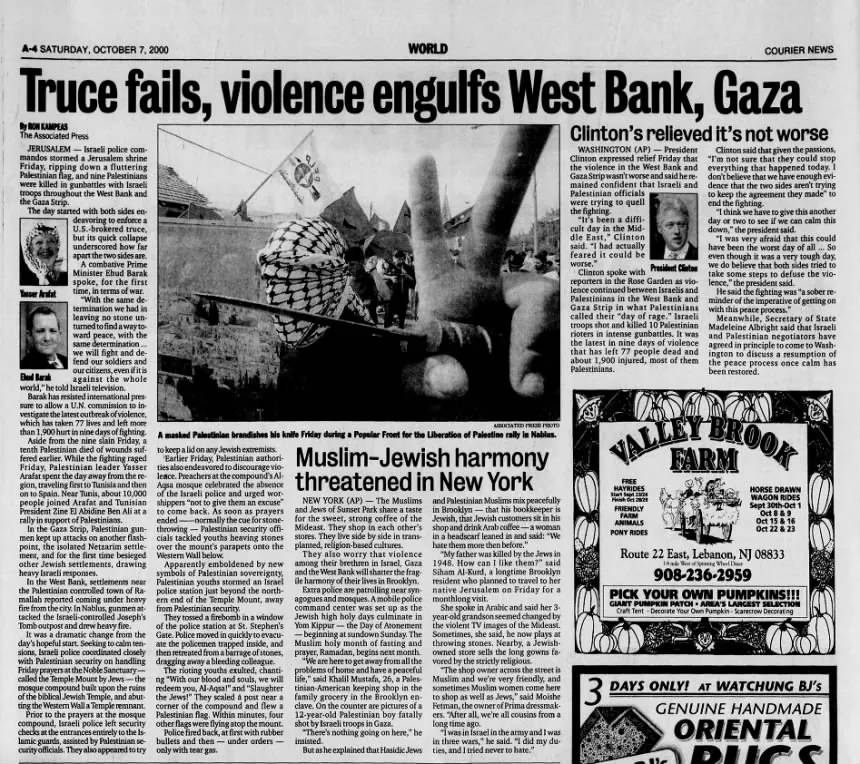 Truce fails, violence engulfs West BanK Gaza &mdash; The Jamestown Sun, 7 October 2000