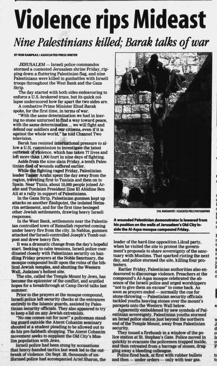 Violence rips Mideast &mdash; Times Tribune, 7 October 2000