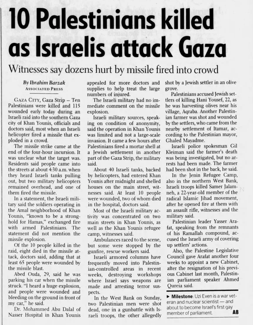 10 Palestinians killed as Israelis attack Gaza &mdash; The Journal Times, 7 October 2002