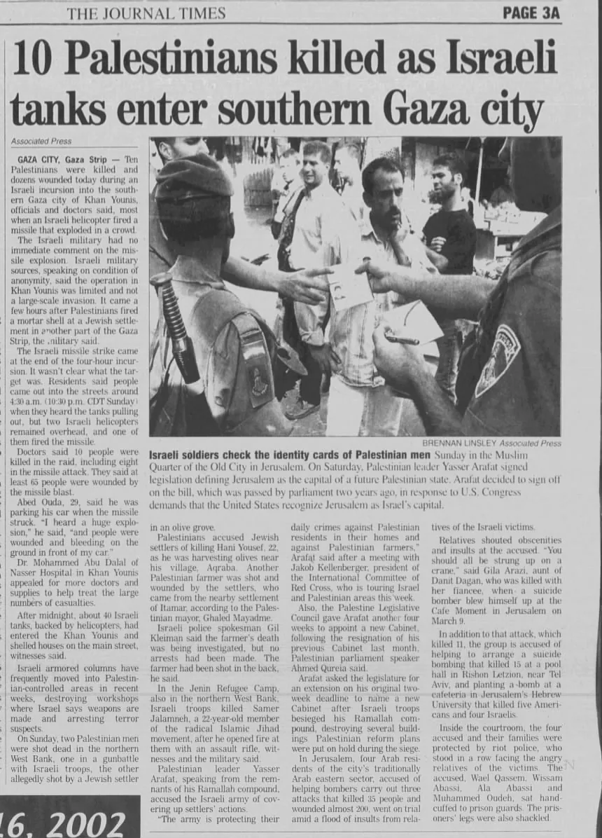 10 Palestinians killed as IbTaeli tanks enter southern Gaza city &mdash; SF Chronicle, 7 October 2002